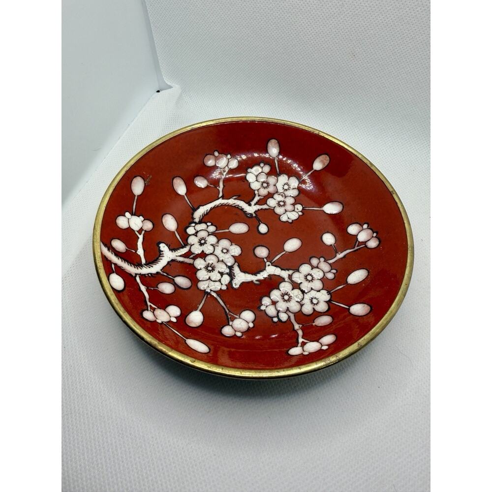 Red VTG Japanese Porcelain Plate, Cherry Blossoms Hand Decorated In Hong Kong